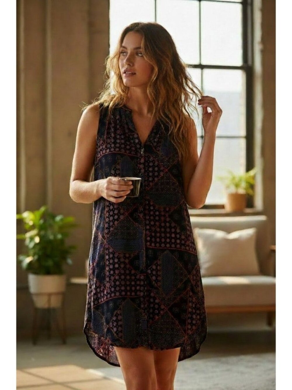 Umgee Sleeveless Navy Burgundy Printed High-Low Tunic Dress Boho-Chic Artisan Ec
